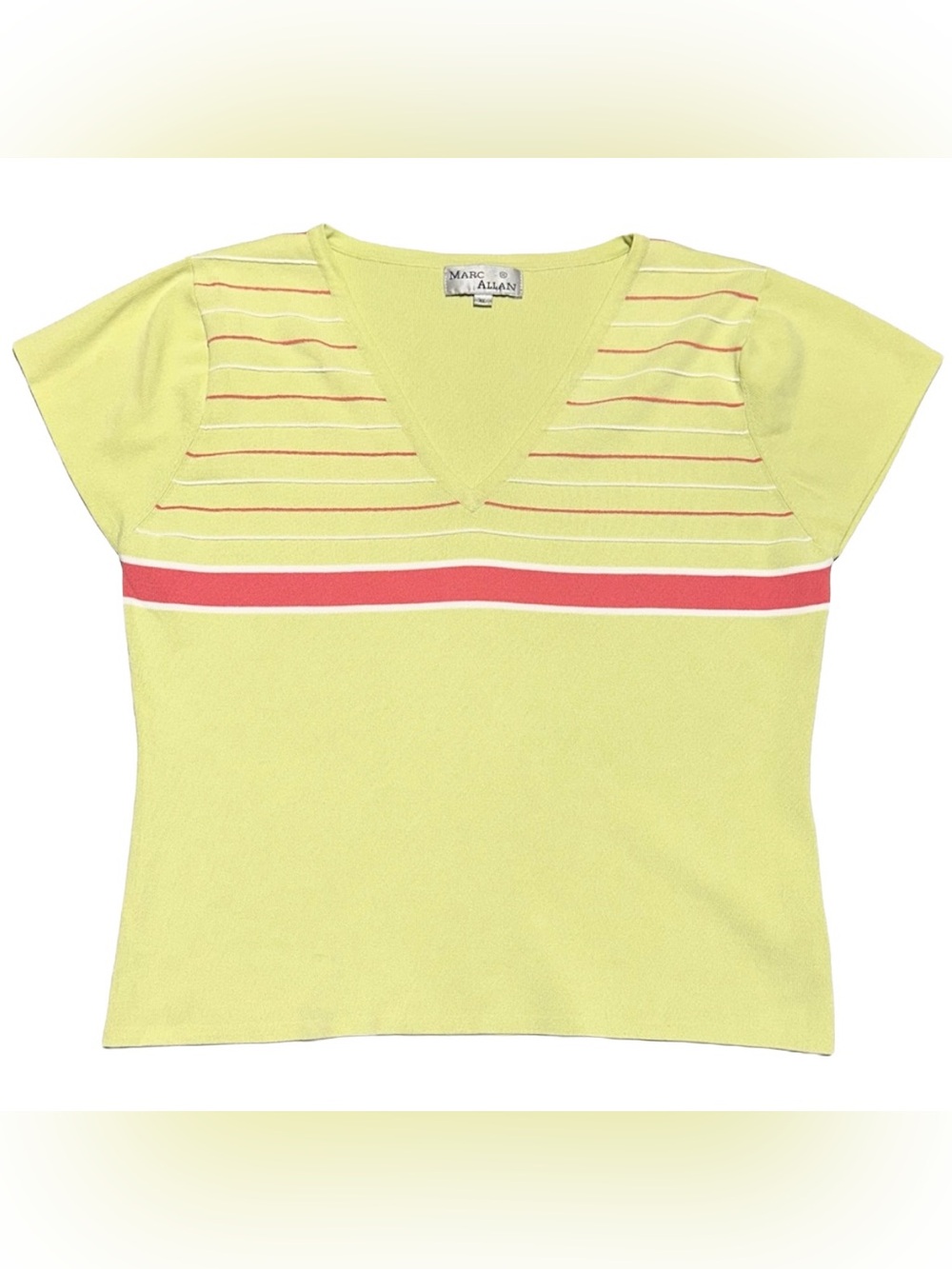 Y2K Lime Green Pink Stripe Sweater Top Tennis Prep Preppy V Neck XL